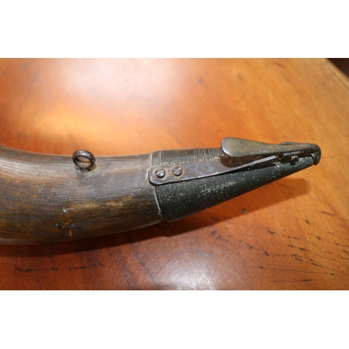 78 - Napoleonic Era Canon Primer Powder Horn Flask with turned wooden screw handle and Brass hinged dispe... 