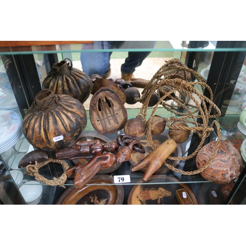 79 - Good collection of assorted Ethnographic items to include Peruvian carved Gourd, African Carvings et... 