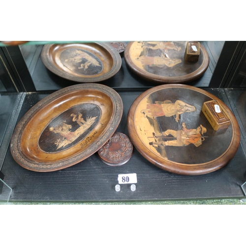 80 - Late 19thC Italian Sorrento ware inlaid stool seat, Oval San Remo platter, Circular Carved Patch pot... 