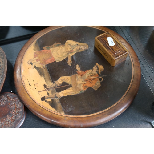 80 - Late 19thC Italian Sorrento ware inlaid stool seat, Oval San Remo platter, Circular Carved Patch pot... 