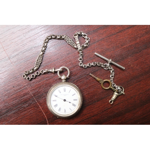 482 - The Farringdon Silver Pocket watch with roman numeral dial and Silver watch chain