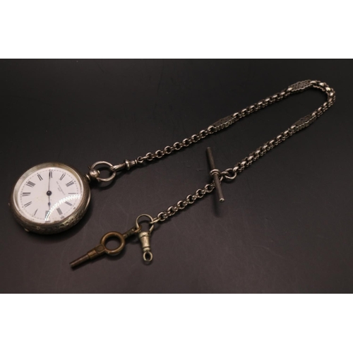 482 - The Farringdon Silver Pocket watch with roman numeral dial and Silver watch chain