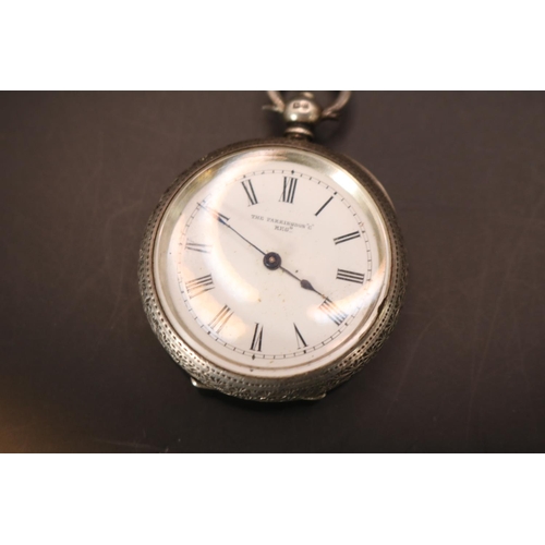 482 - The Farringdon Silver Pocket watch with roman numeral dial and Silver watch chain