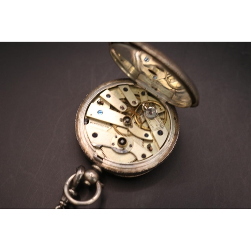 482 - The Farringdon Silver Pocket watch with roman numeral dial and Silver watch chain