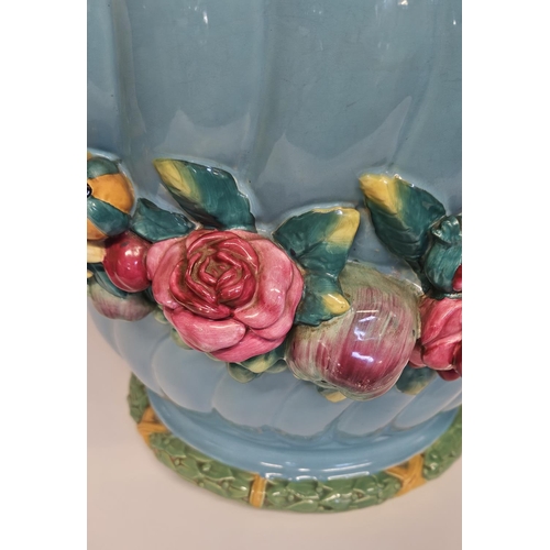 1 - Minton Majolica Jardinière with rams head handles and applied floral garland on turned fluted body. ... 