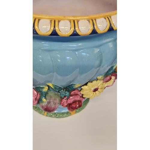 1 - Minton Majolica Jardinière with rams head handles and applied floral garland on turned fluted body. ... 