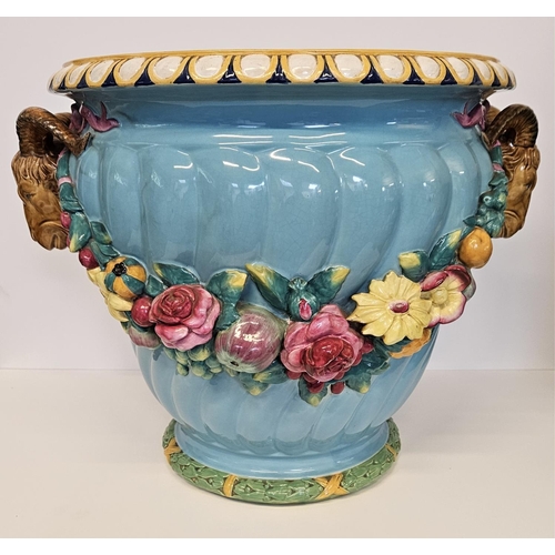 1 - Minton Majolica Jardinière with rams head handles and applied floral garland on turned fluted body. ... 