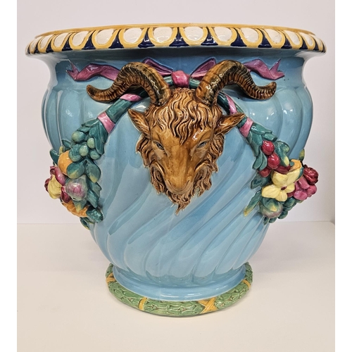 1 - Minton Majolica Jardinière with rams head handles and applied floral garland on turned fluted body. ... 