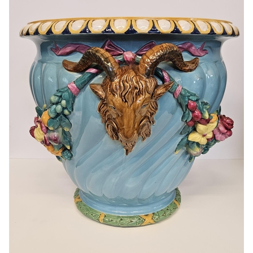 1 - Minton Majolica Jardinière with rams head handles and applied floral garland on turned fluted body. ... 