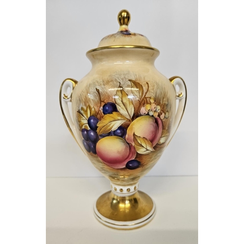 11 - Aynsley Orchard Gold pair of twin handled vases with covers.  Decorated with Fruit and Flowers with ... 