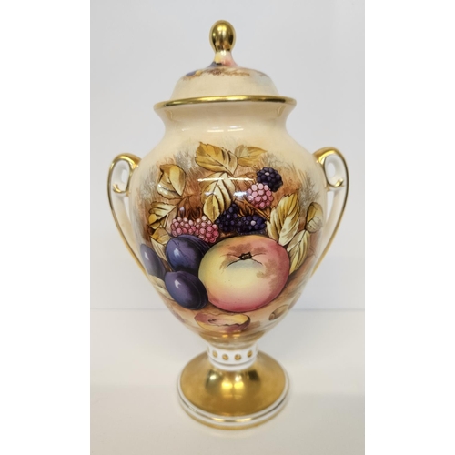 11 - Aynsley Orchard Gold pair of twin handled vases with covers.  Decorated with Fruit and Flowers with ... 