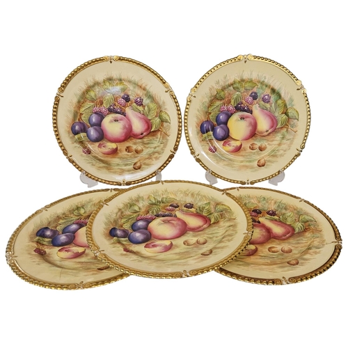 13 - Aynsley China Orchard Gold set of 5 Dinner plates, gilded and hand painted with fruit, each piece si... 