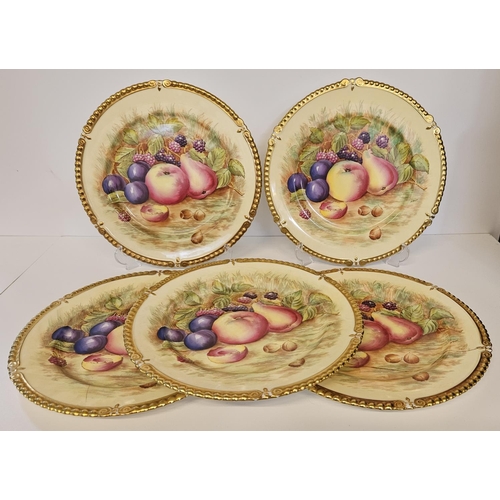 13 - Aynsley China Orchard Gold set of 5 Dinner plates, gilded and hand painted with fruit, each piece si... 