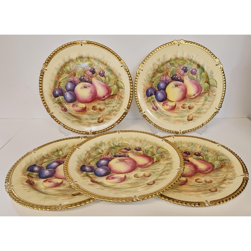 13 - Aynsley China Orchard Gold set of 5 Dinner plates, gilded and hand painted with fruit, each piece si... 