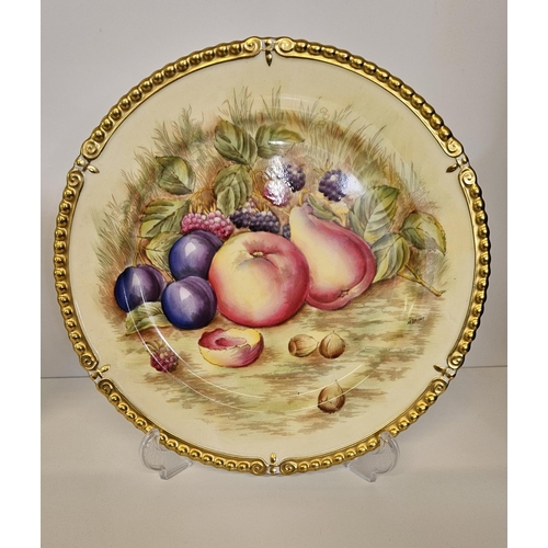 13 - Aynsley China Orchard Gold set of 5 Dinner plates, gilded and hand painted with fruit, each piece si... 