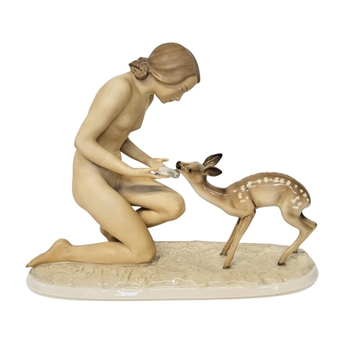 2 - Hutschenreuther figure 'Two good friends' depicting Kneeling nude of a young woman on a grass base, ... 