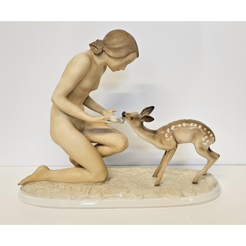 2 - Hutschenreuther figure 'Two good friends' depicting Kneeling nude of a young woman on a grass base, ... 