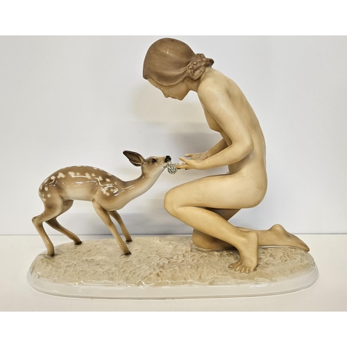 2 - Hutschenreuther figure 'Two good friends' depicting Kneeling nude of a young woman on a grass base, ... 