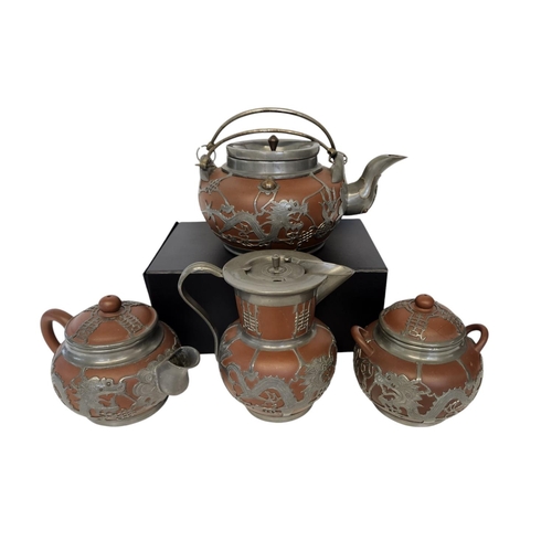 40 - Early 20thC Century Tung King Shun Pewter 4 Piece Tea set. to include Tea and Coffee Pot sugar bowl ... 