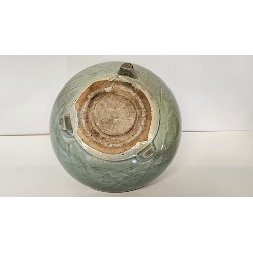 43 - Chinese Longquan Celadon pottery tripod Censer. Decorated with underglaze incised cross hatching wit... 