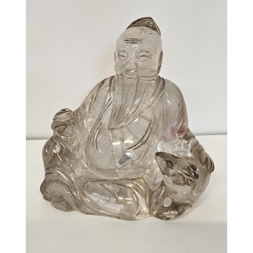 44 - 18thC Chinese carved rock crystal Buddha /Wiseman with seated dog. H 10.5cm W 11cm.