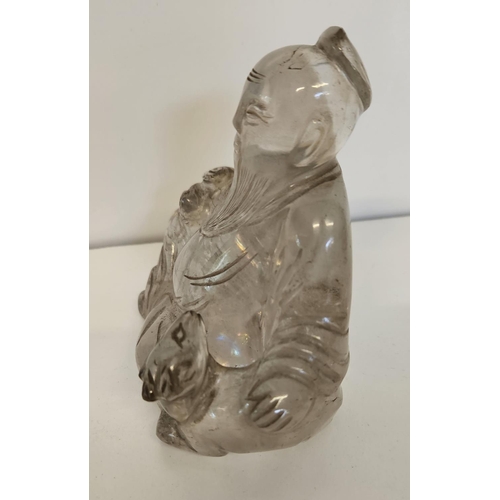 44 - 18thC Chinese carved rock crystal Buddha /Wiseman with seated dog. H 10.5cm W 11cm.