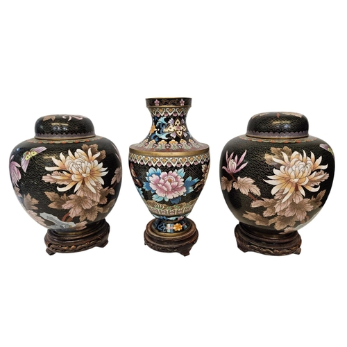 49 - Pair of Chinese Black Cloisonné Spherical lidded jars decorated with Butterfly and Chrysanthemum on ... 