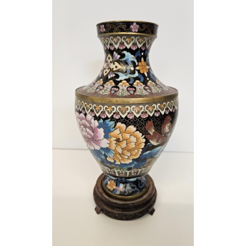 49 - Pair of Chinese Black Cloisonné Spherical lidded jars decorated with Butterfly and Chrysanthemum on ... 