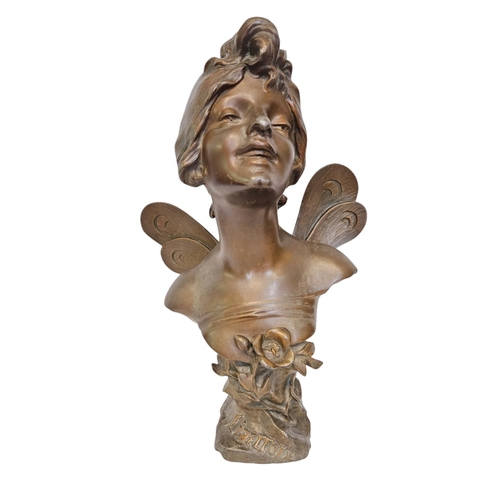 61 - Julien Causse (1869-1914) Spelter Bronzed Art Nouveau bust of a young nymph Dragonfly'. H 45cm.