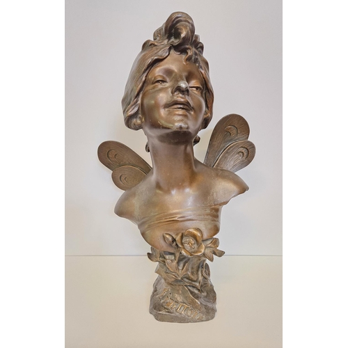 61 - Julien Causse (1869-1914) Spelter Bronzed Art Nouveau bust of a young nymph Dragonfly'. H 45cm.