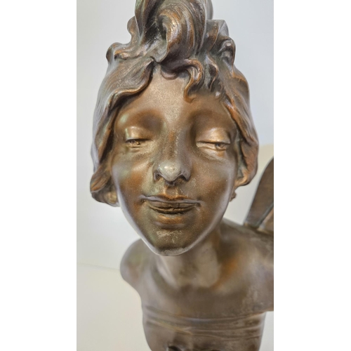 61 - Julien Causse (1869-1914) Spelter Bronzed Art Nouveau bust of a young nymph Dragonfly'. H 45cm.