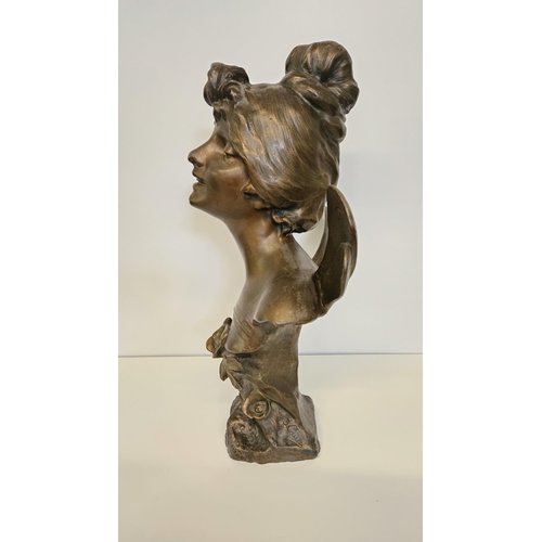 61 - Julien Causse (1869-1914) Spelter Bronzed Art Nouveau bust of a young nymph Dragonfly'. H 45cm.