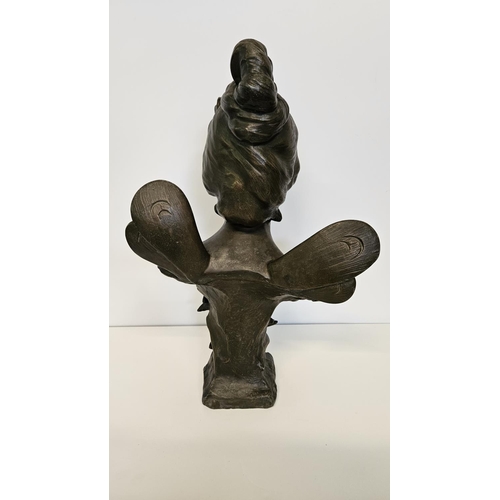 61 - Julien Causse (1869-1914) Spelter Bronzed Art Nouveau bust of a young nymph Dragonfly'. H 45cm.