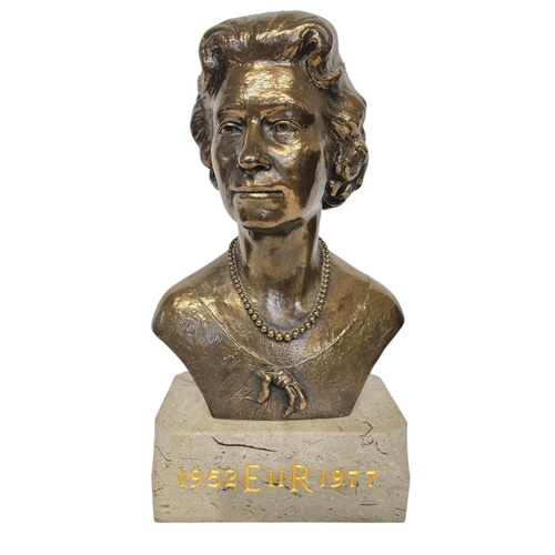 64 - Bronze Bust of Queen Elizabeth II  1952 - 1977 EIIR Silver Jubilee mounted on grey marble base signe... 