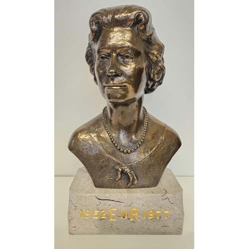 64 - Bronze Bust of Queen Elizabeth II  1952 - 1977 EIIR Silver Jubilee mounted on grey marble base signe... 