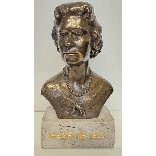 64 - Bronze Bust of Queen Elizabeth II  1952 - 1977 EIIR Silver Jubilee mounted on grey marble base signe... 