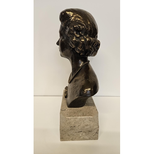 64 - Bronze Bust of Queen Elizabeth II  1952 - 1977 EIIR Silver Jubilee mounted on grey marble base signe... 