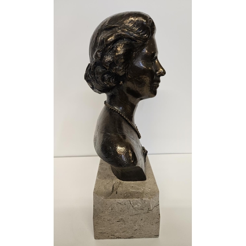 64 - Bronze Bust of Queen Elizabeth II  1952 - 1977 EIIR Silver Jubilee mounted on grey marble base signe... 