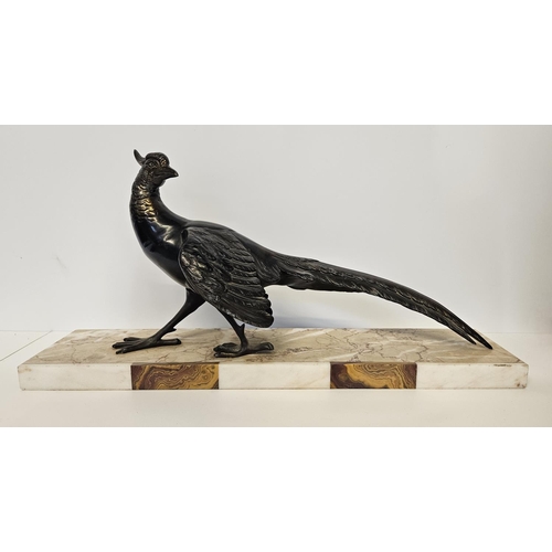 66 - After Salvatore Melani (1902-1934) Art Deco Bronze of a Pheasant mounted on marble base. L 55.5cm x ... 