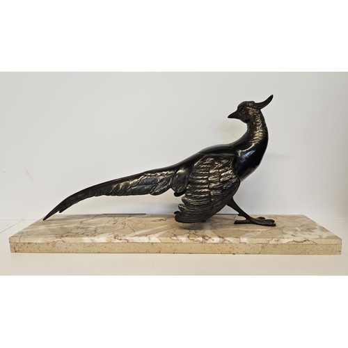 66 - After Salvatore Melani (1902-1934) Art Deco Bronze of a Pheasant mounted on marble base. L 55.5cm x ... 