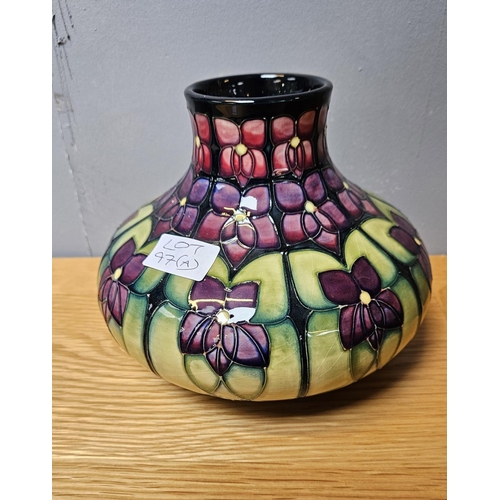 97A - Moorcroft Squat Vase of Violet Pattern by Sally Tuffin. 16cm in Height