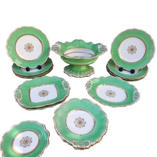 27 - Victorian Ridgeway Porcelain Green and gold rimmed Dessert set comprising of 8 Dessert Plates, 3 Ser... 