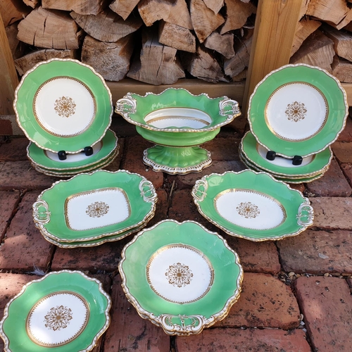 27 - Victorian Ridgeway Porcelain Green and gold rimmed Dessert set comprising of 8 Dessert Plates, 3 Ser... 