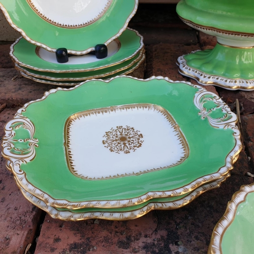 27 - Victorian Ridgeway Porcelain Green and gold rimmed Dessert set comprising of 8 Dessert Plates, 3 Ser... 