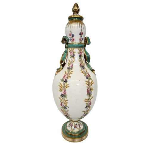 32 - 19thC Minton Porcelain gourd shaped lobed vase with cover. Painted in green and gilt with floral gar... 