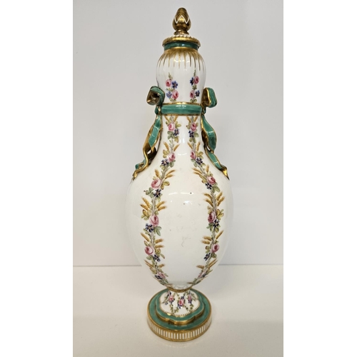 32 - 19thC Minton Porcelain gourd shaped lobed vase with cover. Painted in green and gilt with floral gar... 