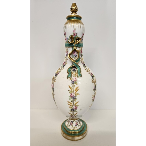 32 - 19thC Minton Porcelain gourd shaped lobed vase with cover. Painted in green and gilt with floral gar... 