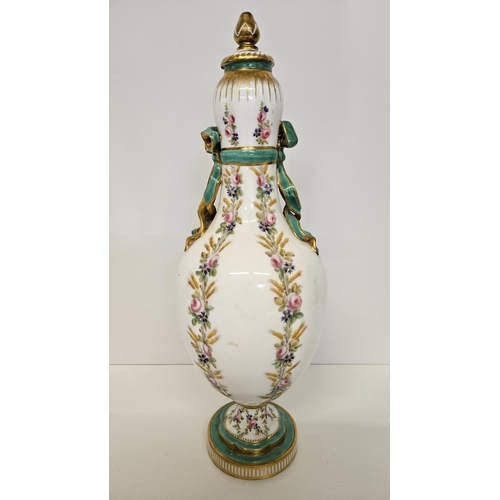 32 - 19thC Minton Porcelain gourd shaped lobed vase with cover. Painted in green and gilt with floral gar... 