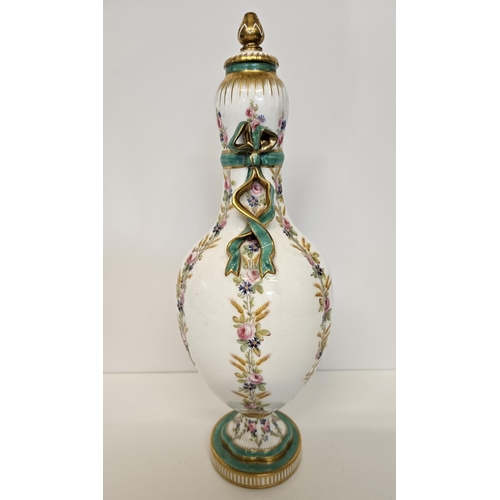 32 - 19thC Minton Porcelain gourd shaped lobed vase with cover. Painted in green and gilt with floral gar... 