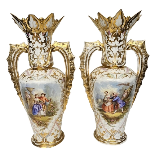 33 - Pair of 19thC Fine French Paris vases painted with courting regency couples, Heavily gilded with fla... 